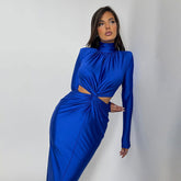 Half High Collar Long Sleeves Stitching Backless Pleated Dress Winter